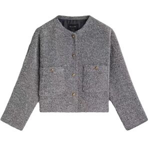 MASSIMO DUTTI WOMAN GREY SHORT DROP-SHOULDER TEXTURED JACKET SIZE SMALL